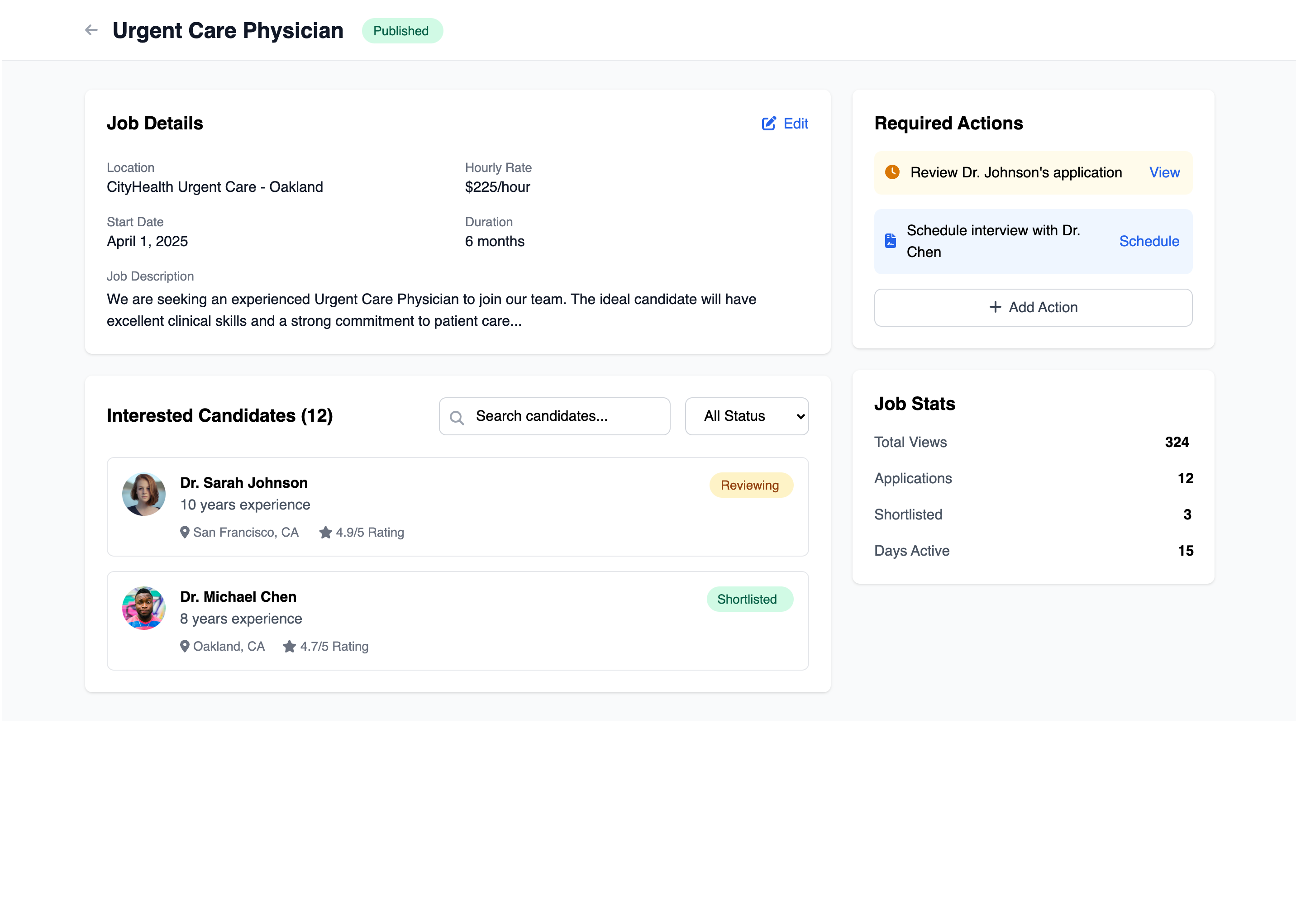 Saile job management dashboard for healthcare facilities showing active positions and applicants